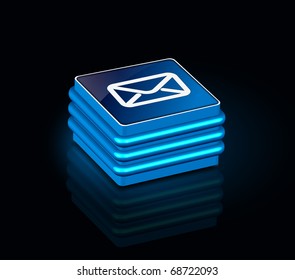 3d glossy email icon, blue isolated on black background.