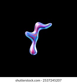 3D glossy fluid holographic blot shape. Iridescent blob splash vector illustration. Render rainbow reflective chrome molten drop. Abstract y2k volume shape of molten alloy