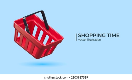 3D glossy flying realistic shopping cart in red color isolated on white background. Empty shopping basket. For mobile applications. Vector illustration