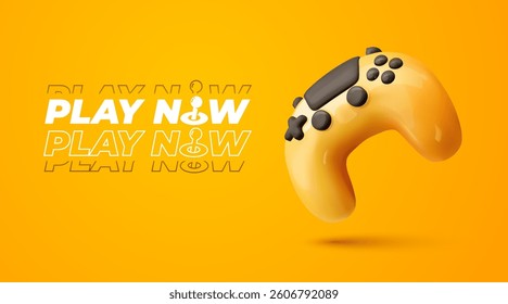 3d glossy game controller on yellow background. Isolated yellow gamepad vector illustration. Modern joystick gaming technology, digital entertainment, esports branding, advertising concept.