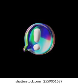 3D glossy glass speech bubble with exclamation point sign vector icon. Render volume round holographic chatting box with warning symbol. Social media chat message, dialogue cloud, talking window