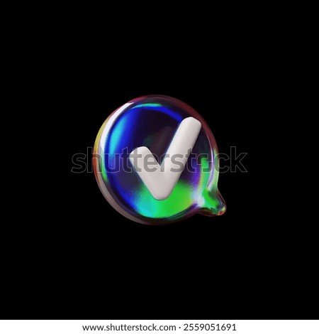 3D glossy glass speech bubble with check mark sign vector icon. Render volume round chatting box with accept symbol, holographic effect. Social media chat message, dialogue cloud, talking window