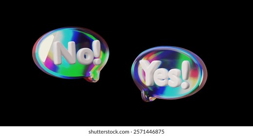 3D glossy glass speech bubbles with No and Yes words vector icons. Render volume holographic chatting box disagree and agree symbols. Social media chat message, dialogue cloud, talking window