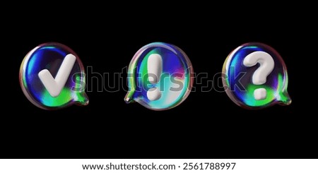 3D glossy glass speech bubbles with check mark, question mark and exclamation point signs vector set. Render volume holographic round dialogue cloud with accept, warning symbols. Social media message