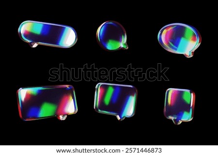 3D glossy glass speech bubbles with holographic dispersion effect vector set. Render volume different shapes text bubbles. Social media chat message icon, dialogue cloud, talking window, chatting box