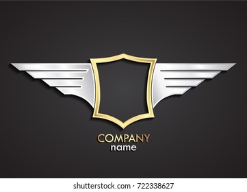 3d glossy golden silver winged shield label