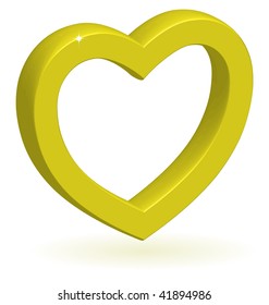 3D glossy golden vector heart with shadow isolated on white background.