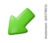 3D glossy green download arrow pointing downward. Vector illustration ideal for digital content, downward trends, and decrease concepts. Perfect for web design, presentations, and infographics.