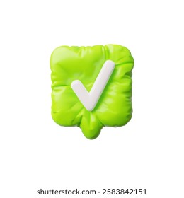 3D glossy green inflated balloon speech bubble with check mark vector icon. Render volume chatting box with approved, confirm message typing symbol. Social media dialogue cloud, ok sign notification