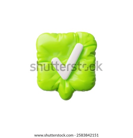 3D glossy green inflated balloon speech bubble with check mark vector icon. Render volume chatting box with approved, confirm message typing symbol. Social media dialogue cloud, ok sign notification