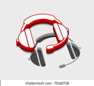 3d glossy headphones icon, red isolated on gray background.