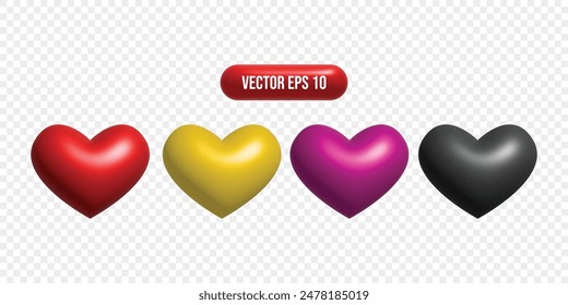 3d glossy heart set collection. Hearts collection three dimensional render vector illustration. Red and colorful hearts