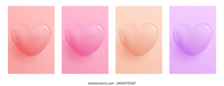 3d glossy hearts. Set of soft color gradient backgrounds with 3d heart shapes for wedding invitations and Happy Valentine's Day holiday greetings.