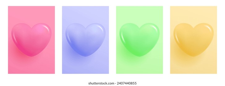 3.d corazones brillantes. Conjunto de fondos de gradiente de color suave con formas de corazón 3d para invitaciones de boda y saludos de Feliz Día de San Valentín.