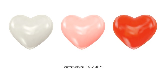 3d glossy hearts white, pink, orange colors. Symbol of love, romantic relationships. Valentine's Day vector elements for design romantic events, valentine, certificate, banner.
