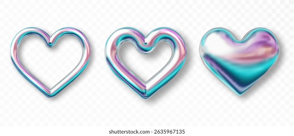 3D glossy holographic chrome heart. Shiny metallic shapes in y2k style. Chrome element for futuristic design