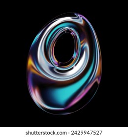 3D glossy holographic number 0 in retro futuristic Y2K style font, glass or liquid metal in neon rainbow colors. Zero numeral sign render in inflated balloon bubble shape. Isolated vector