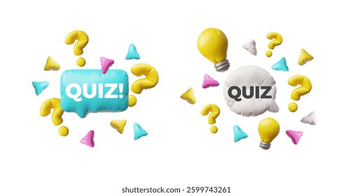 3D glossy inflated balloon speech bubble with quiz slogan, lightbulb and question mark signs vector illustration. Render volume round asking bubble. Chat message, dialogue cloud, chatting box