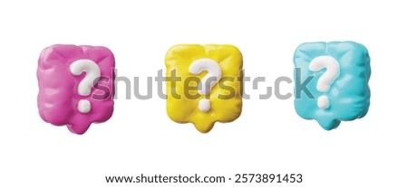 3D glossy inflated balloon speech bubbles different colors with question mark sign vector icons set. Volume chatting box with ask symbol. Render social media chat message, faq dialogue cloud