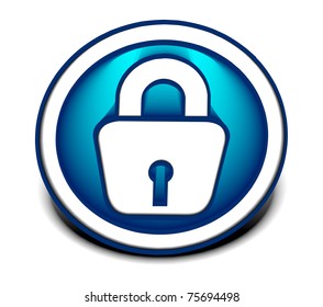 3d glossy lock icon, blue isolated on black background.