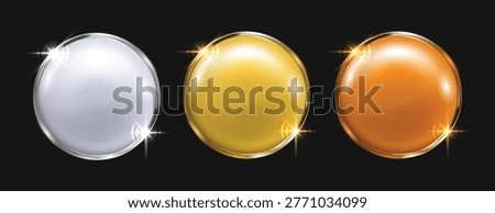 3D Glossy Metallic Circle Button Set in Silver Gold and Bronze, Shiny Round Badge Icons with Sparkle Light Effect on Dark Background, Luxury Vector Illustration