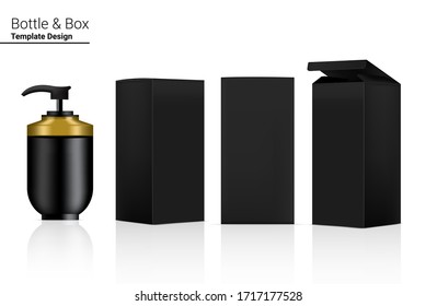 3D Glossy Metallic Gold Bottle Mock up Realistic Cosmetic and 3 Dimensional Box for Whitening Skincare, Soap and Aging anti-wrinkle merchandise on White Background Illustration. HealthCare and Medical