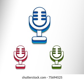 3d glossy mic icon, blue isolated on black background.