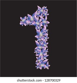 3d Glossy One 1 Number with purple flowers on black background. Eco Style. Vector illustration. Eps 10