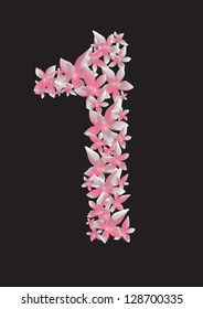 3d Glossy One 1 Number with pink and grey flowers on black background. Eco Style. Vector illustration. Eps 10