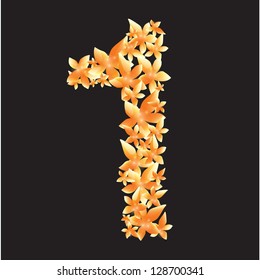 3d Glossy One 1 Number with yellow and orange flowers on black background. Eco Style. Vector illustration. Eps 10