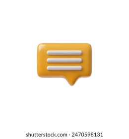 3D glossy orange speech bubble with white text lines. Vector render rectangle with rounded corners text bubble volume form. Chat message icon, dialogue cloud. 3d talking window, chatting box