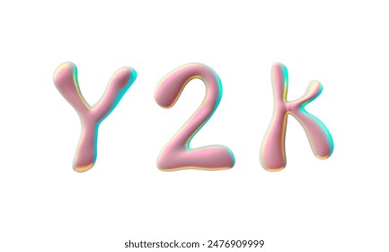 3D glossy pink capital letters Y 2 K, liquid surface with holographic reflection. Vector Y2K font render plastic flux design. Realistic volume 3d spilled polish, bubble stylized typographic symbols