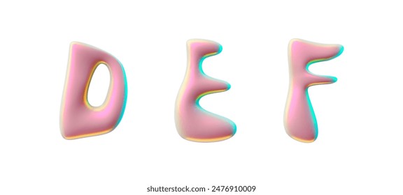 3D glossy pink capital letters D E F, liquid surface with holographic reflection. Vector Y2K font render plastic flux design. Realistic volume 3d spilled polish, bubble stylized typographic symbols