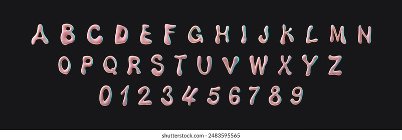 3D glossy pink capital letters of English alphabet and numbers. Vector Y2K font render plastic flux design. Realistic volume 3d spilled polish, liquid surface, bubble stylized typographic symbols