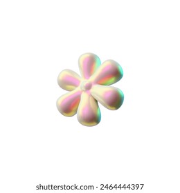 3D glossy pink flower figure liquid surface with holographic reflection in Y2K style vector illustration. Render volume plastic chamomile emoji, blossom plant icon. Floral design element