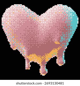 3D glänzend rosa Herzform mit tropfenden Blut Vektor Pixel Art. Retro Y2K Stil Herz geschmolzene Metalloberfläche. Zerbrochenes Liebessymbol. Quadrierte romantische Emoji. Abstrakte ästhetische Stahllegierung Valentine Symbol