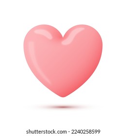 3d glossy pink heart vector illustration. Realistic flying candy symbol of love gift, wedding and happy Valentines day, abstract glass romantic object with shadow isolated on white background