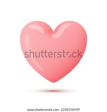 3d glossy pink heart vector illustration. Realistic flying candy symbol of love gift, wedding and happy Valentines day, abstract glass romantic object with shadow isolated on white background