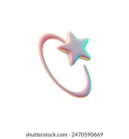 Estrella rosa brillante 3D con superficie líquida en forma de anillo con reflexión holográfica en Ilustración vectorial retro estilo Y2K. Icono cósmico, emoticono de galaxia de plástico