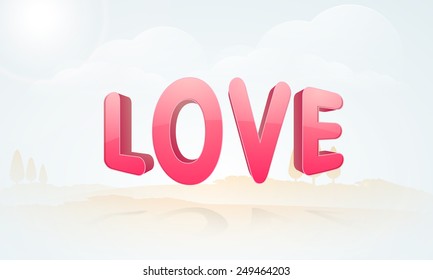 3D glossy pink text Love on cloudy sky background for Happy Valentine's Day celebration.