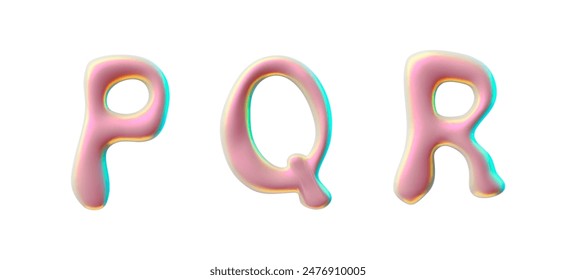 3D glossy plastic pink capital letters P Q R, liquid surface with holographic reflection. Vector Y2K font render flux design. Realistic volume 3d spilled polish. Bubble stylized typographic symbols