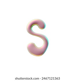 3D glossy plastic pink Y2K font capital letter S vector render illustration. Realistic volume 3d spilled polish letter, liquid surface with holographic reflection. Bubble stylized typographic symbol