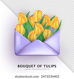  3d brillante sobre púrpura relleno con un montón de tulipanes amarillos realistas lindos. Ramo tridimensional de flores de primavera y carta abierta aislado sobre fondo transparente