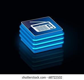 3d glossy radio icon, blue isolated on black background.