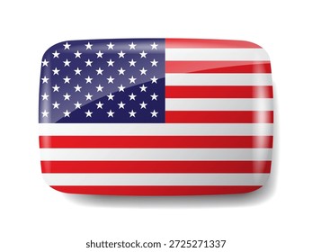 Botón de bandera de los Estados Unidos rectangular brillante 3D. Insignia ancha de la bandera americana con el reflejo y la sombra aislados en blanco. Ideal para navegación por Web y eventos nacionales.