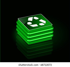 3d glossy recycle icon, green isolated on black background.