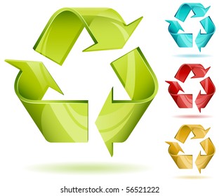 3D glossy recycle vector icon isolated on white with color variants.