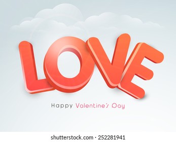 3D glossy red text Love for Happy Valentine's Day celebration on cloudy sky background.