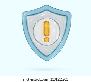 3d glossy shield in realistic style. Glass screen with yellow exclamation mark. Security, guaranteed, medical protection icon. Vector render design elements.