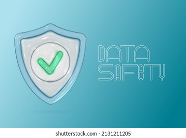 3d glossy shield in realistic style. Data safety concept. Security, guaranteed, medical protection icon. Vector render design elements.